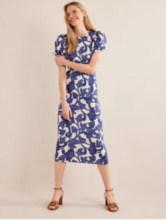 Boden Dresses & Skirts - Boden Puff Sleeve Blue Floral Jersey Midi Dress Size 8R EUC